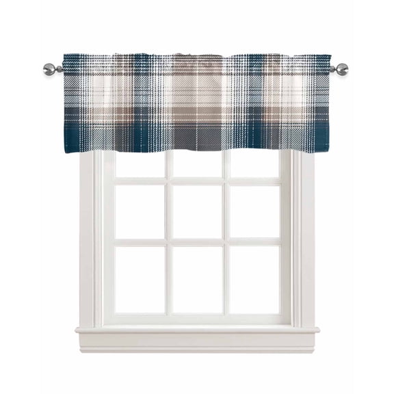 Vintage Plaid Valances Curtain Blue Brown Check Kitchen Rod Pocket Short Panels Window Treatment Topper Curtains for Living Bedroom 1 Panel 54x18 inch