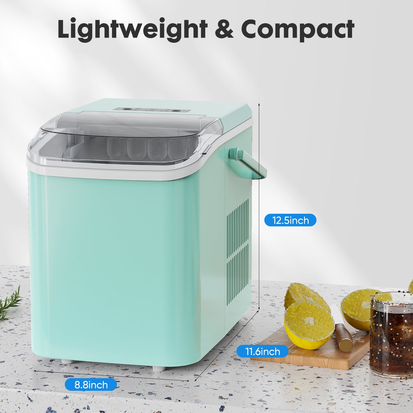 Countertop Ice Maker Portable Machine with Self-Cleaning, 26lbs/24hr, 2 Ice Sizes, Basket & Scoop, Compact Design with Handle for Kitchen, Office, Camping, Green