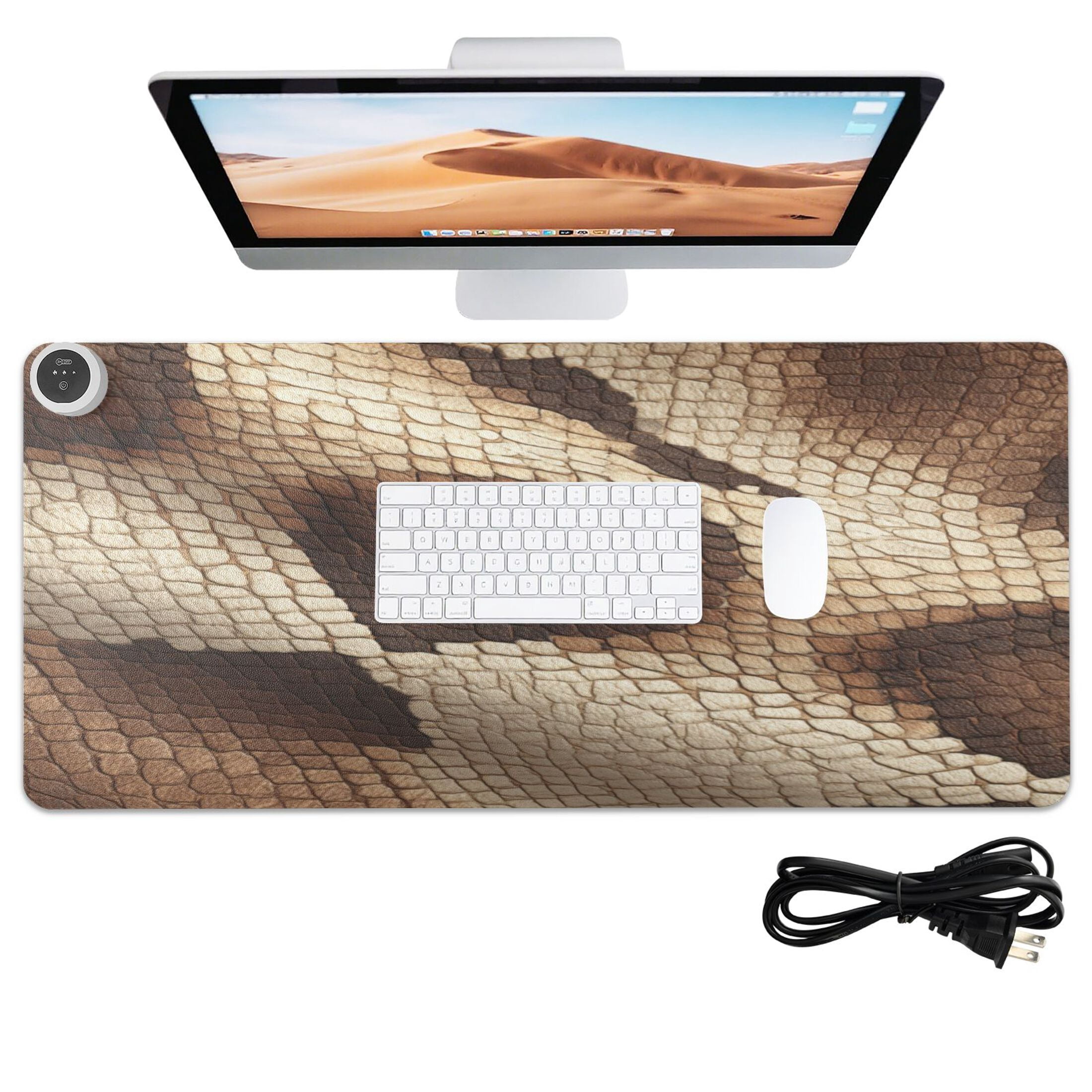 Large Heated Desk Mat Mouse Pad 31.5"x13"PU Leather Graphene Heating Desk Warmer with 3 Temperature Settings 110V US Plug Non-Slip Warm Pad for Home, Office, and Gaming Brown Snake Skin Pattern