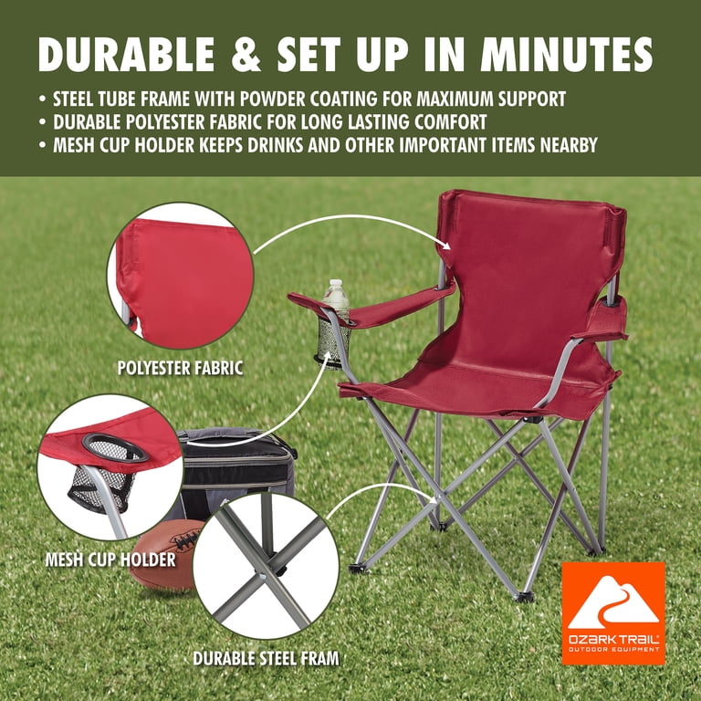 Ozark Trail Quad Folding Camp Chair with Cup Holder, Red, Durable