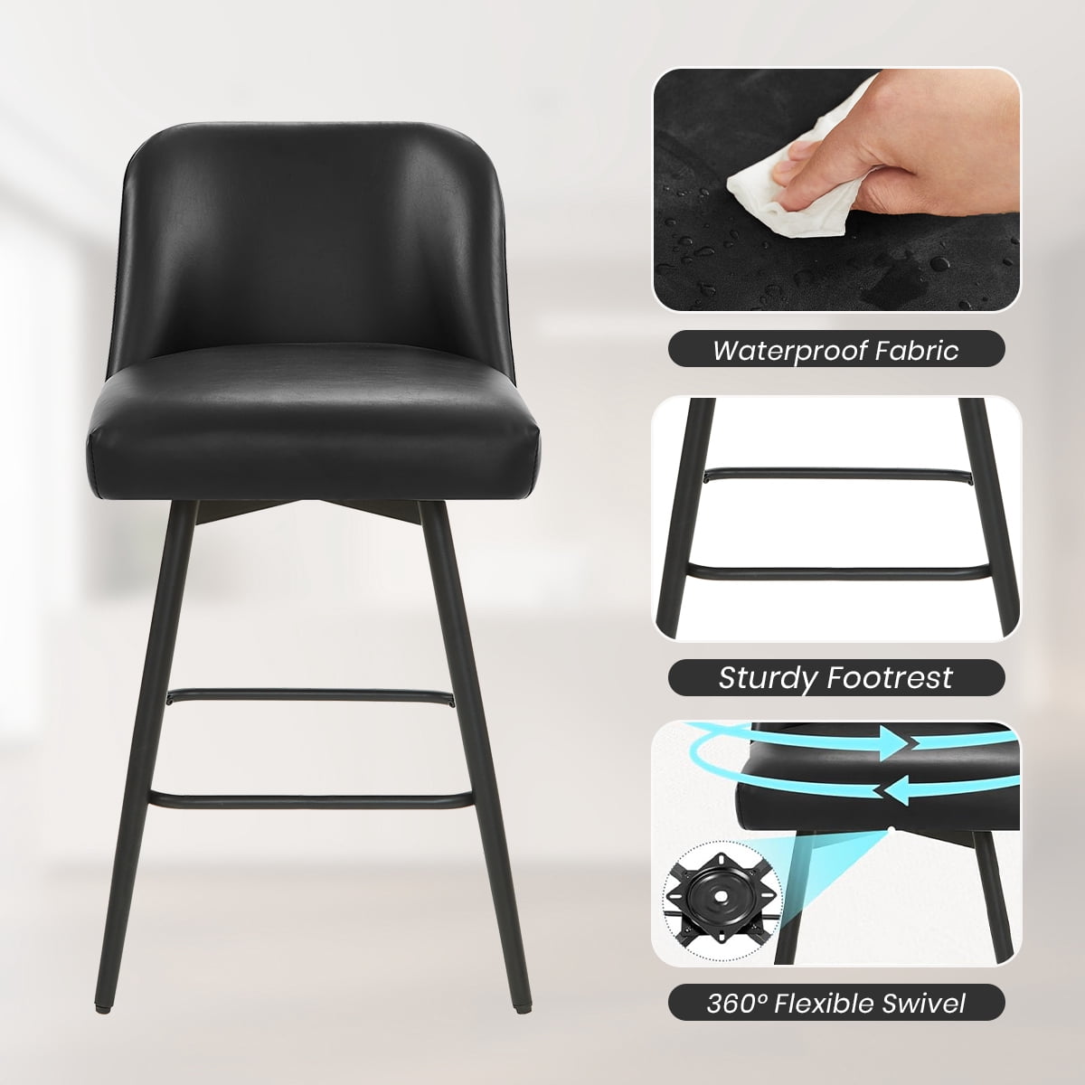 Modern Bar Stools Set of 4, 26" H Swivel Counter Height Barstools with High Backs, Kitchen Island Stools, For Bar & Home,Faux Leather, Black