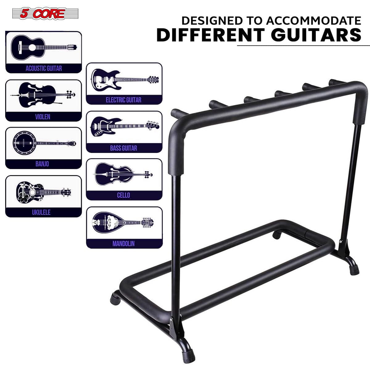 Guitar Rack 5 Slot Multi Guitar Stand Five Display Floor Stand Safe Storage Foldable Portable for Electric Acoustic Flying V Guitars -GRack 5N1 OVAL