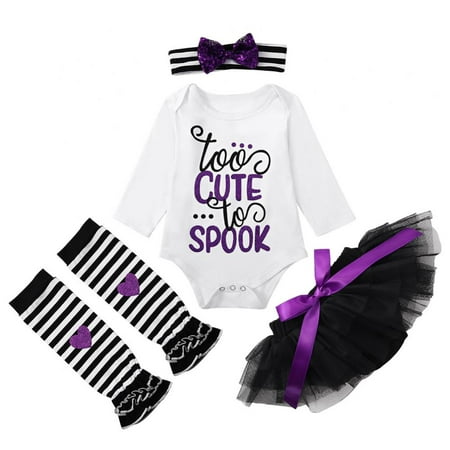 

SYNPOS 0-18M Newborn Baby Girl Halloween Outfit Long Sleeve Romper+Lace Tulle Tutu Skirt+Leg Warmers 4Pcs Set