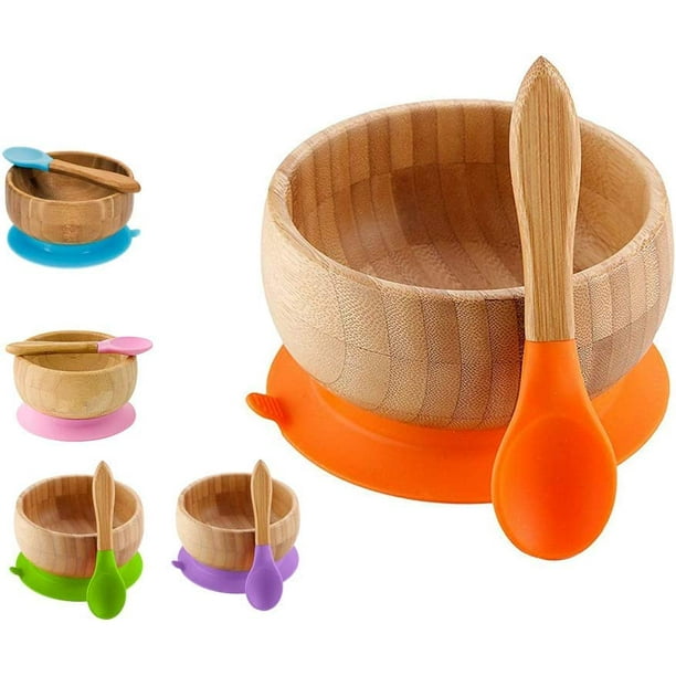Plato de bambú para bebé con ventosa antideslizante que incluye plato con ventosa para bebé, plato de alimentación con ventosa estable, cuchara para bebé a juego, juego de vajilla para bebé de alta ca JFHHH pequeña