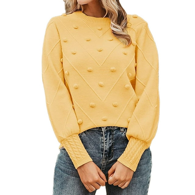 Chandail Col Rond Automne pour Femmes Mignon Manches Longues Bouffantes Tricot Épais avec Pompon