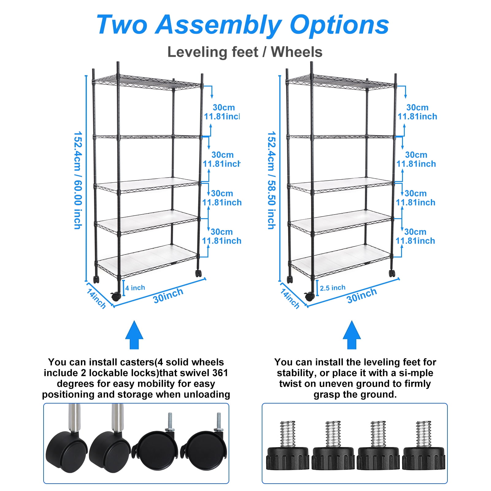 Miniyam NSF Wire Shelving Unit, 5 Tier 750lbs Capacity Storage Adjustable Rack with Wheels for Closet Kitchen, Black