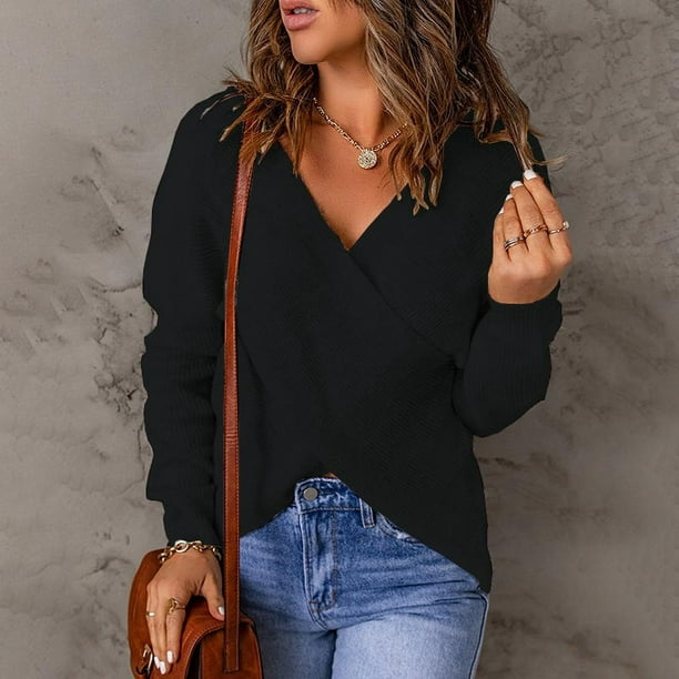 Pntutb moda mujer invierno sólido manga larga Pullove cuello en V Casual suéter tops Pntutb Pntutb-2189