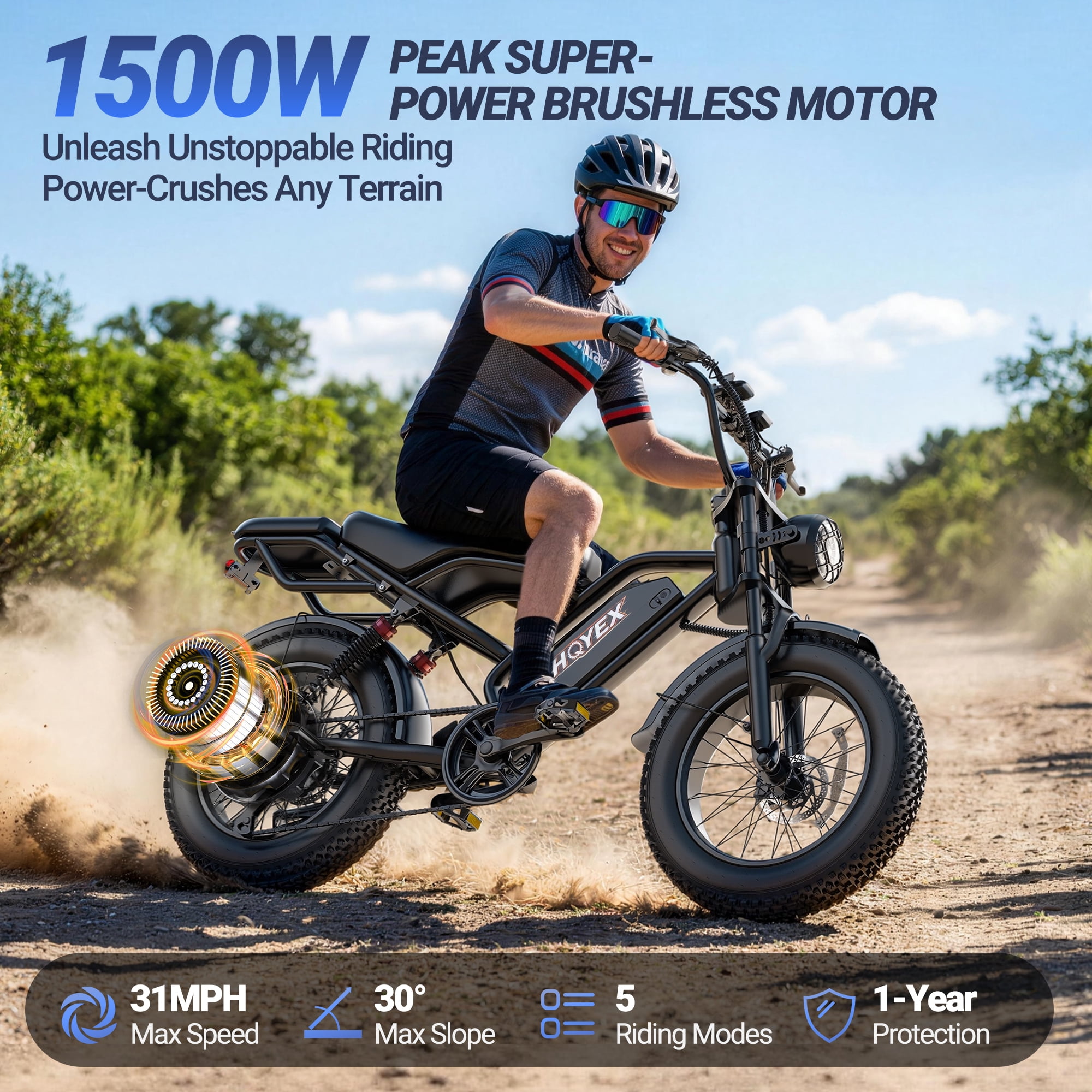HQYEX HQ20 Adult Electric Bike, 1500W Brushless Motor, 20" Fat Tire Ebike, 48V 20Ah Removable Battery, 31MPH Top Speed with Dual Suspension & Dual Disc Brakes for All-Terrain Use
