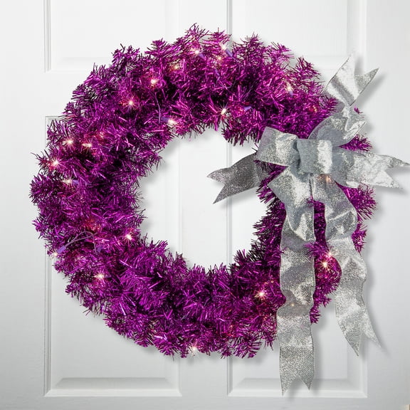 Northlight Pre-Lit Tinsel Artificial Christmas Wreath - 24" - Purple - Clear Lights