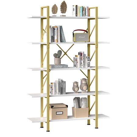 Dextrus 5-Tier Book Shelves and Bookcase Steel Freestanding Open Display Storage Bookshelf Organizer for Home Office Gold & White