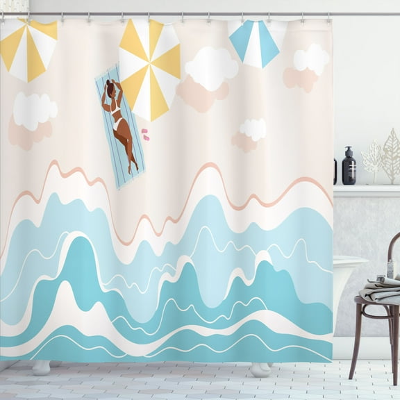 Ambesonne Beach Shower Curtain, Modern Sunbathing Lady Pastel, 69"Wx84"L, Pale Eggshell Pale Blue