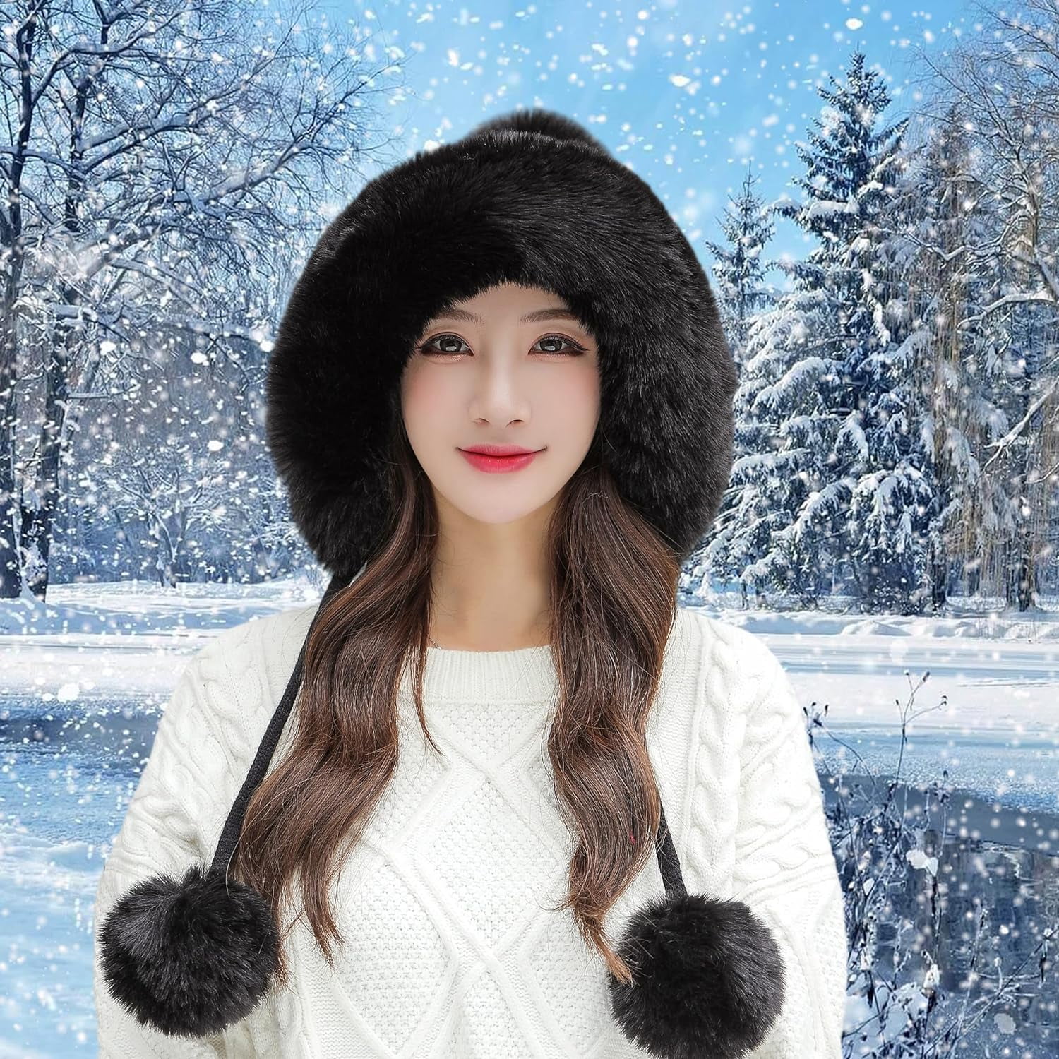Zhengup Women Winter Peruvian Cover Ears Beanie Hat Ear Flaps Sherpa Ski Snow Hats Knit Fleece Lined 3 Pom Pom