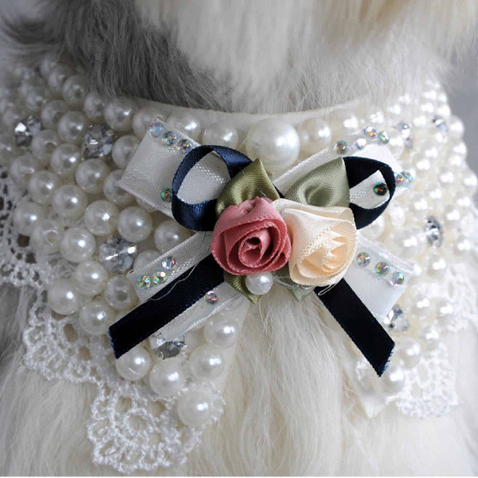 Adjustable Bow Tie Pet Dog Neck Collar Beautiful Pearl Flower Necklace 11.8-12.6 inches / 30-32 cm