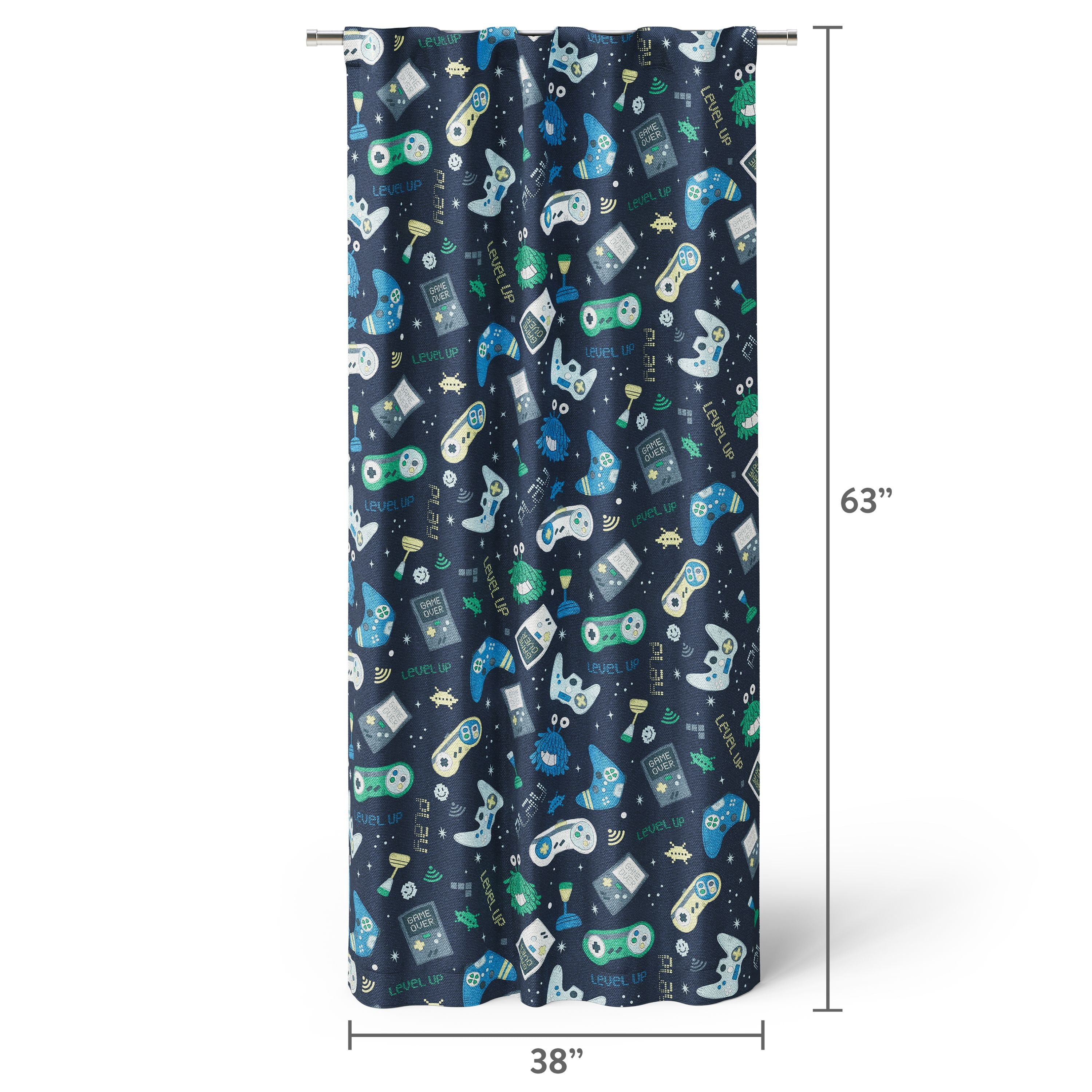 Mainstays Kids Blackout Curtain Panel, Glow-in-the-Dark Gamer Print, Rod Pocket with Back Tabs, Navy Blue, 38 in x 63 in
