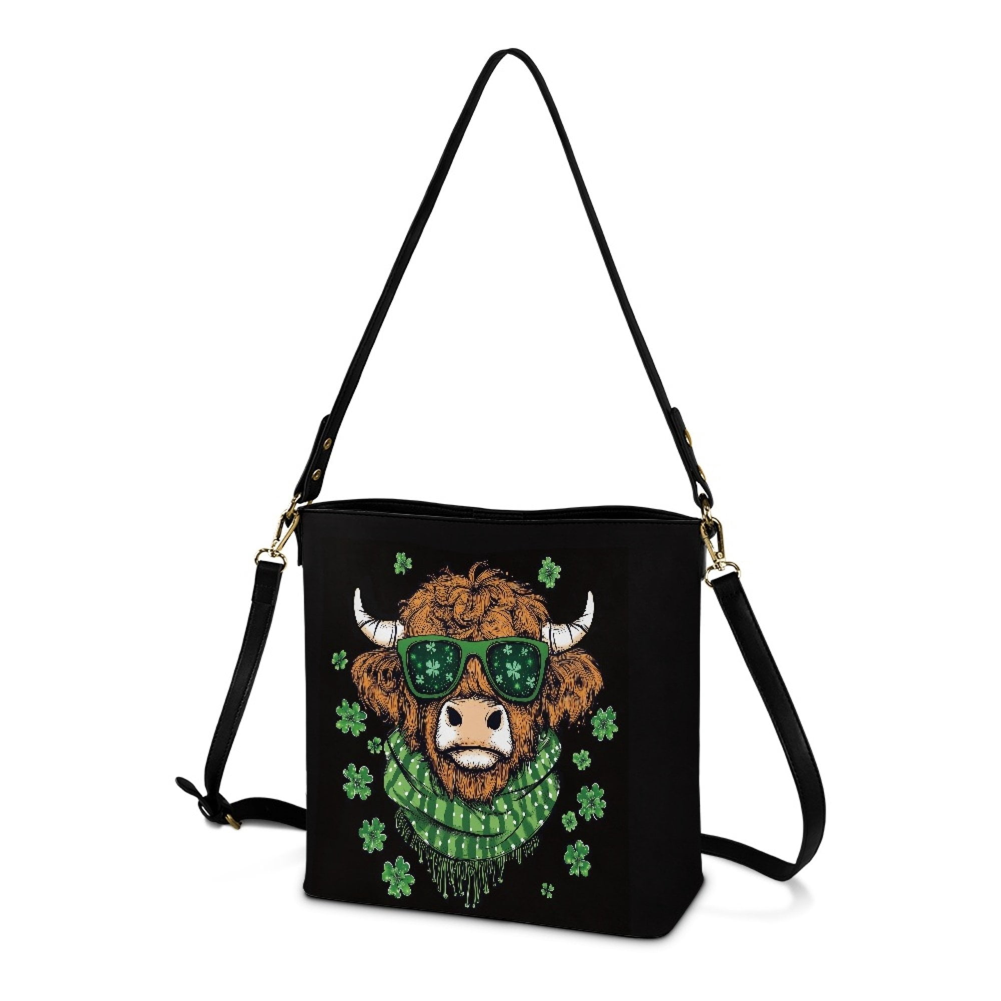 Kuiaobaty Highland Cow Print Bucket Crossbody Bag for Women Shamrock Print Leather Hobo Satchel Purse Crossbody Waterproof Bucket Tote Bag Handbag with Adjustable Strap for St Patrick's Day