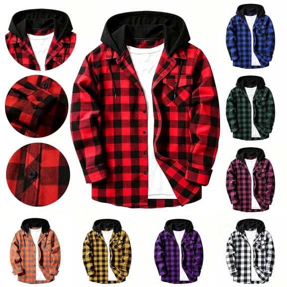 JPVDPA Mens Long Sleeve Hoodie Jacket Plaid Button Down Shirt Jackets Hooded Checkered Shirt with Pockets Blue L