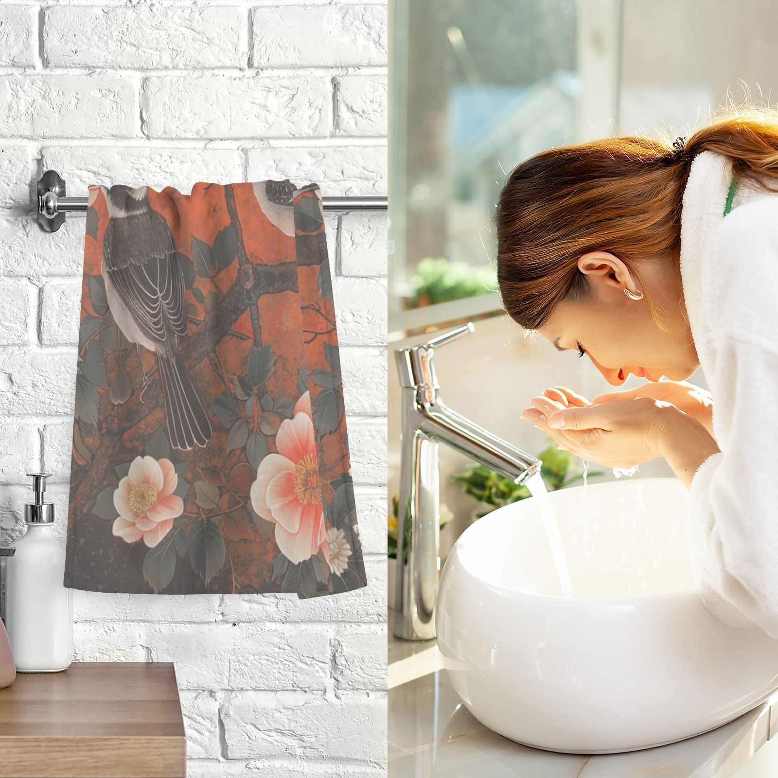 Flowers with Birds Hand Towels Cotton Bath Towels Large Face Towels Absorbent for Bathroom 2 Packs