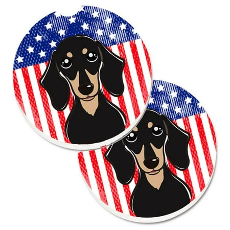 

American Flag & Smooth Black & Tan Dachshund Set of 2 Cup Holder Car Coaster