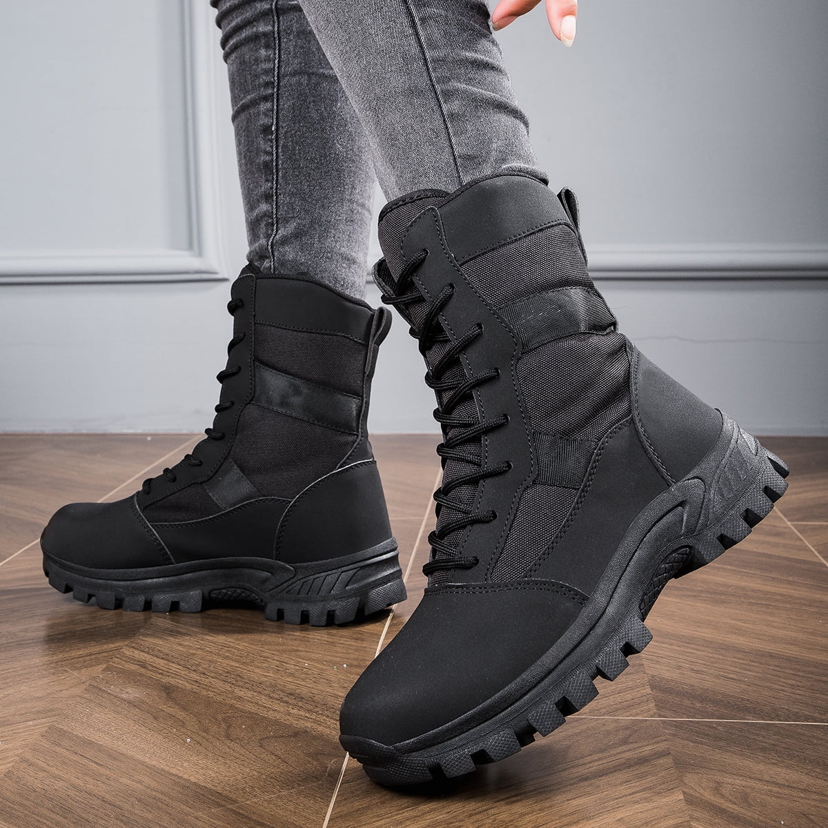 Outdoor Men's Hiking Boots Lightweight PU Leather Male Mid-leg Boots Women Trekking Trails Shoes, Black Color Gig Size US 13