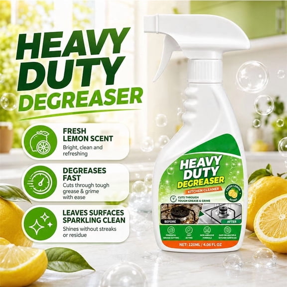 Heavy Duty Kitchen Degreaser Spray, Lemon Scented All Purpose Grease Cleaner for Stovetops, Range Hoods, Ovens and Stainless Steel, 4 fl oz