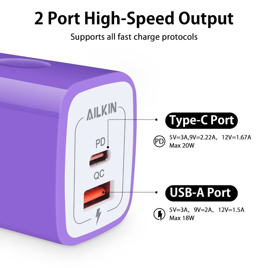Compatible with iPhone Charger Fast Charging,AILKIN 2Pack QC+PD 20W Charger Block with 6ft Cords Cable Charging Block Plug Power USB C Charger Adapter Compatible with iPhone 14/13/12/11,Purple