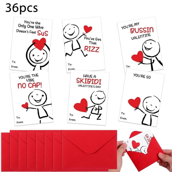 36 PCS Valentine's Day Cards for Kids Classroom School, Funny Themed ValentineCards with Envelopes Bulk Slang Valentine Greeting Note Cards for School Classroom Exchange Gift