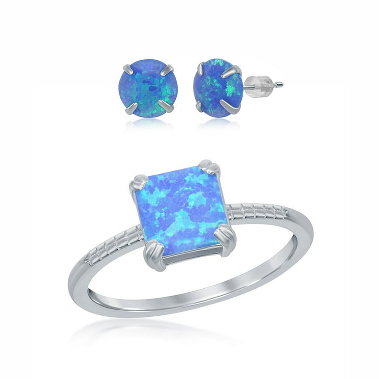 Sterling Silver 7mm Blue and White Opal Earrings Set Sterling Silver 7mm Blue and White Opal Earrings Set