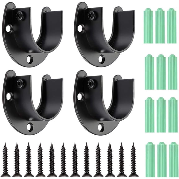 4-Pack Black Stainless Steel Closet Rod End Support Brackets – U-Shaped Diameter Flange Holder for Closet, Wardrobe & Shower Curtain Rods