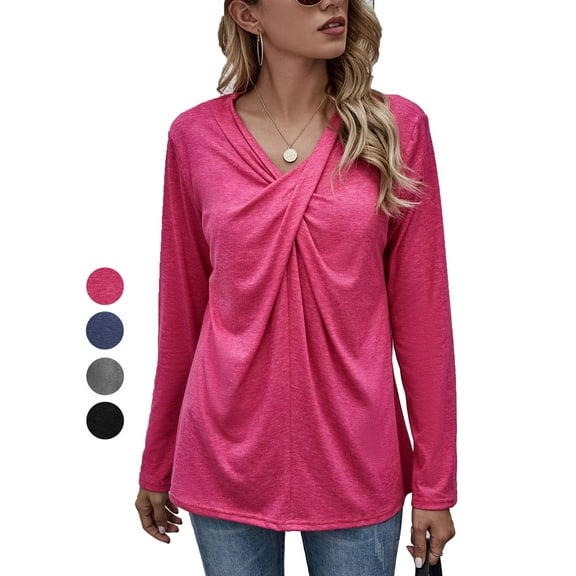 Gustave Women's V Neck Long Sleeve T-Shirts Fashion Cross Wrap Tops Solid Casual Loose Tunic Blouse Tee for Fall Winter "Red, M"