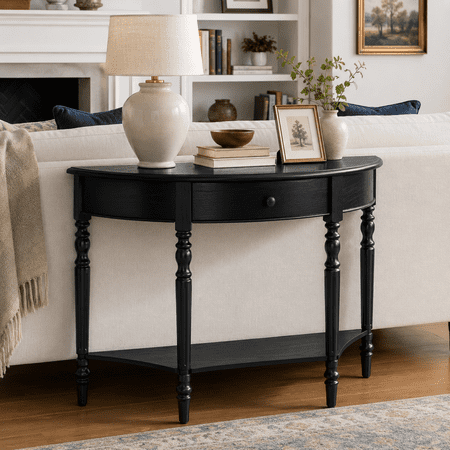 FurnitureR Farmhouse Half Moon Console Table with Drawer & Shelf - Rustic Accent Table Sofa Table for Entryway Living Room Hallway and Foyer (Black)