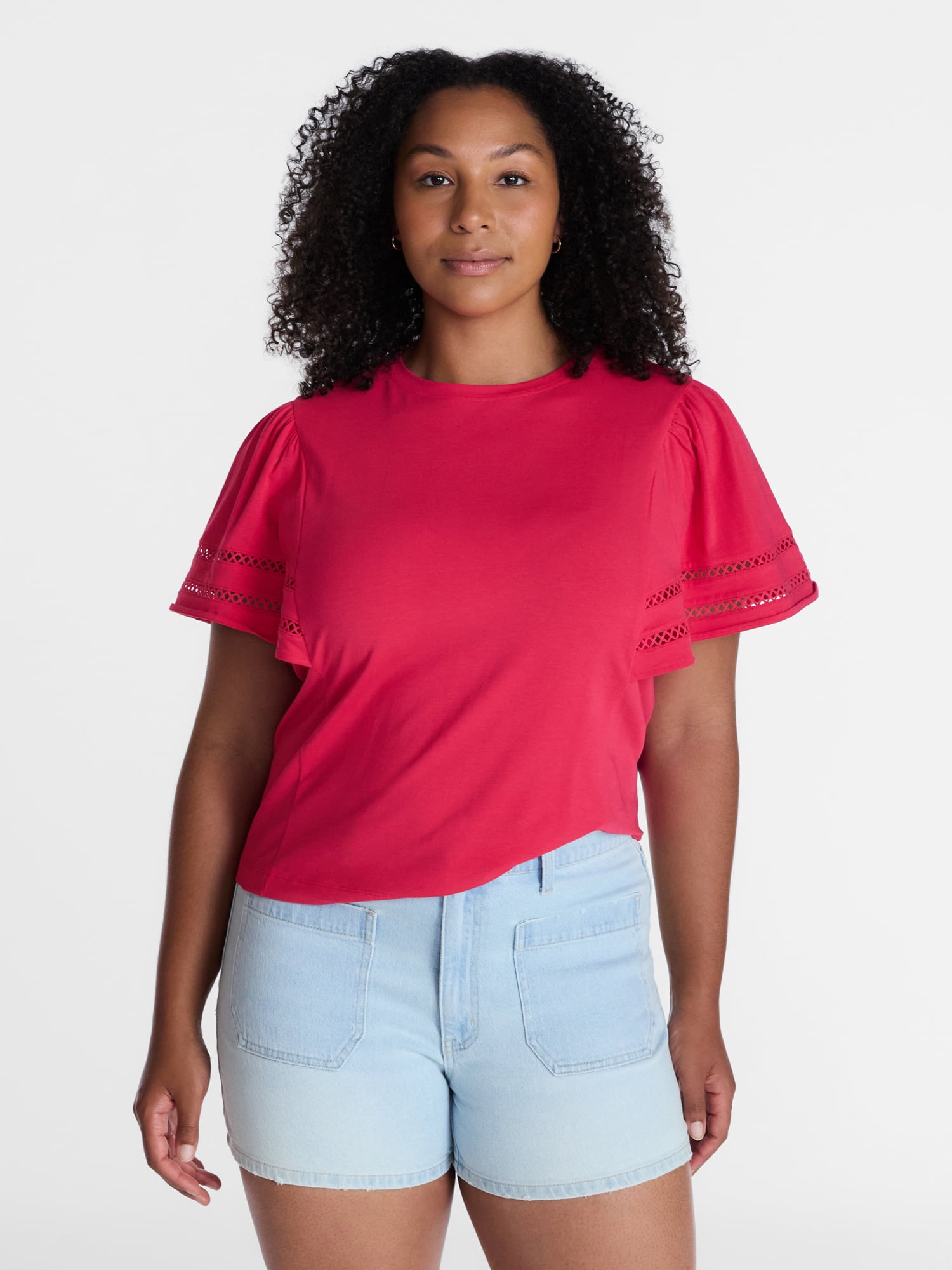 Time and Tru Women’s Crewneck Top with Lace Inset Flounce Sleeves, Sizes XS-XXXL