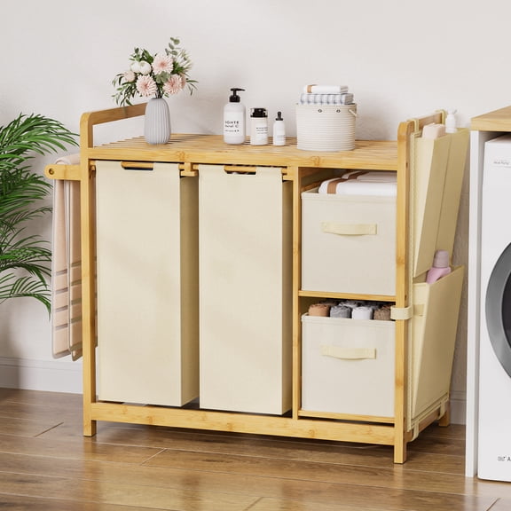 Enogets Bamboo Laundry Hamper, 140L Large Clothes with Removable Bags & Sorter, 4 Section Organizer
