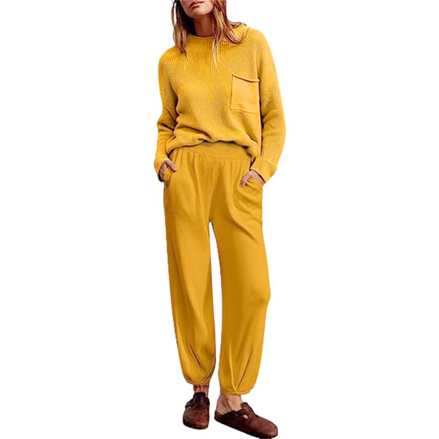 Gibobby Conjunto dama pants y sudadera afelpada Conjunto de pantalones deportivos casuales para mujer, suéter de punto de color sólido, manga larga, pantalone(Amarillo,XL)