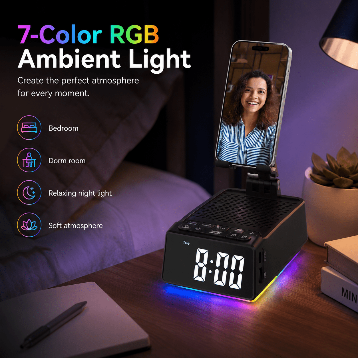 JDMEOPD Cell Phone Stand with Bluetooth Speaker and Alarm Clock, 7-in-1 Phone Holder with LED Clock, RGB Light, USB-C Charging