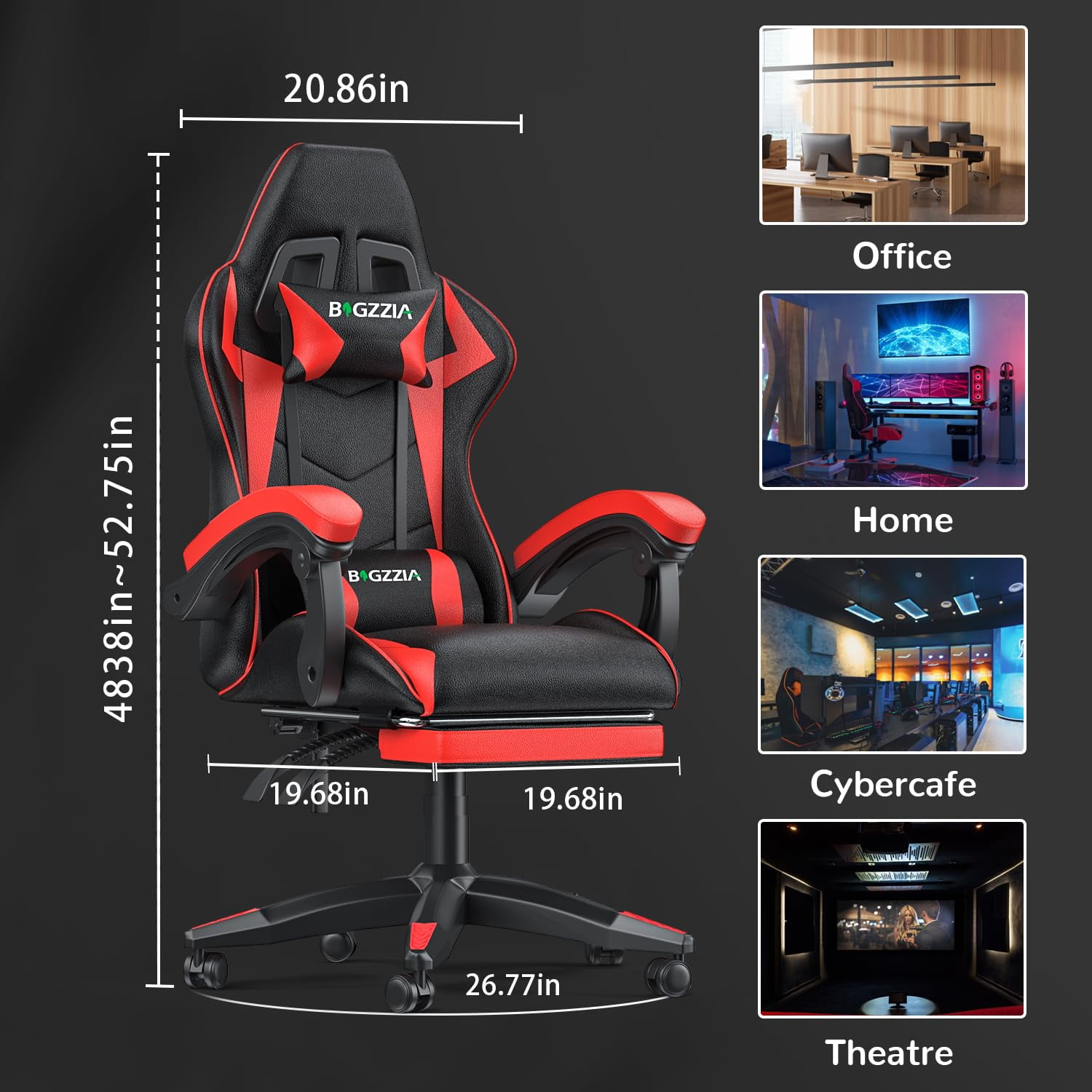 Bigzzia Gaming Chair with Adjustable Headrest & Lumbar Support, Height Adjustable, Red