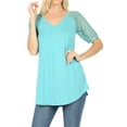 thumbnail image 4 of Womens & Plus Soft Rayon Lace Short Sleeve V-Neck Round Hem Casual Tee Shirt Top (SPRING BLUE, M), 4 of 4