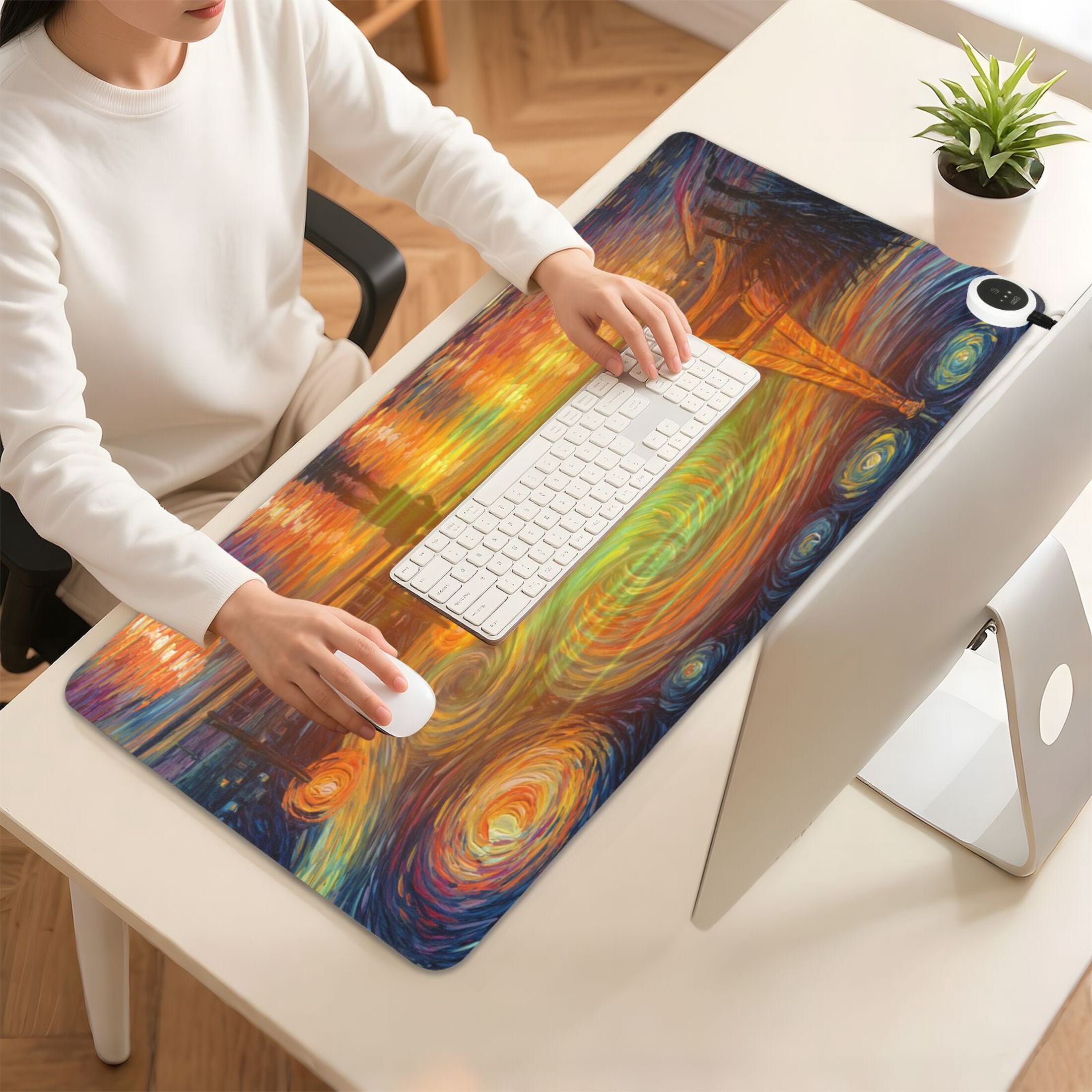Large Heated Desk Mat Mouse Pad 31.5"x13"PU Leather Graphene Heating Desk Warmer with 3 Temperature Settings 110V US Plug Non-Slip Warm Pad for Home, Office, and Gaming Eiffel Tower under The Stars
