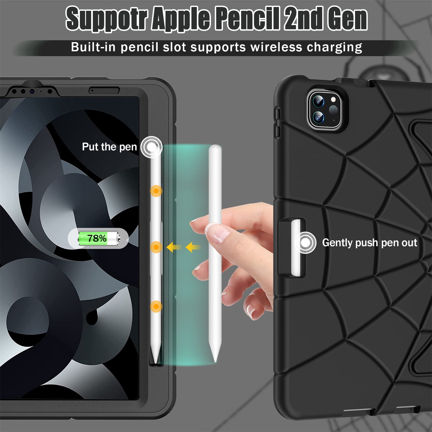 Kids Case for iPad 9th/8th/7th Generation with Pencil Holder, Lightweight Shockproof Stand Anti-Slip Rugged Silicone PC Case Cover for iPad 10.2" 2021/2020/2019 for Boys Girls, Black