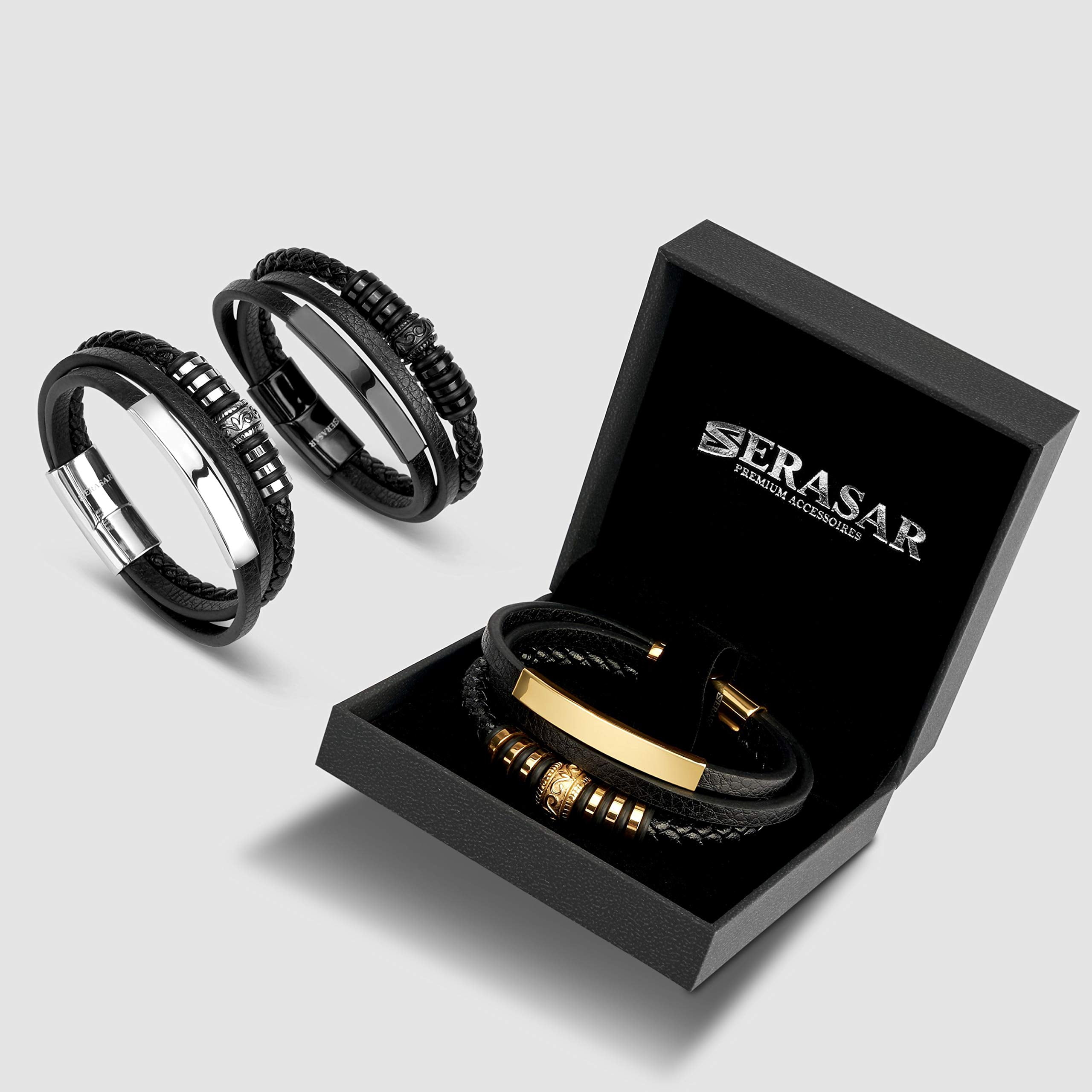SERASAR Leather Bracelet for Men "Shine" with stainless steel magnetic closure, Black 23cm, including gift box