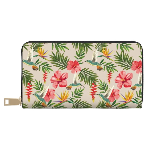 Leather Thin Slim Wallets for Women Men - Tropical Flowering Hummingbird Clutch Card Wallet for Women Men with Zipper