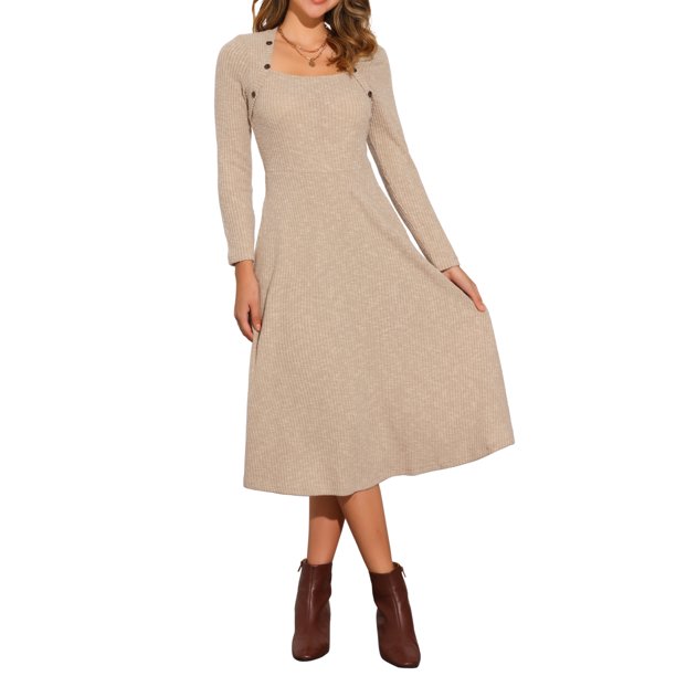 Vestido de suéter de punto para mujer INSPIRE CHIC con cuello cuadrado, decoración de botones, vestido midi acampanado con bolsillos XL en color caqui claro