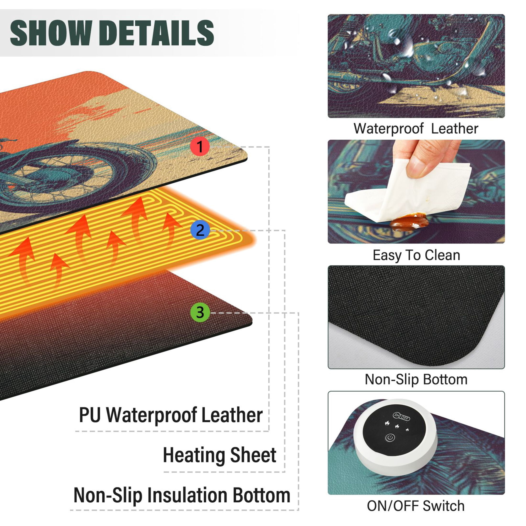 Large Heated Desk Mat Mouse Pad 31.5"x13"PU Leather Graphene Heating Desk Warmer with 3 Temperature Settings 110V US Plug Non-Slip Warm Pad for Home, Office, and Gaming Retro Bike Tropical Sunset