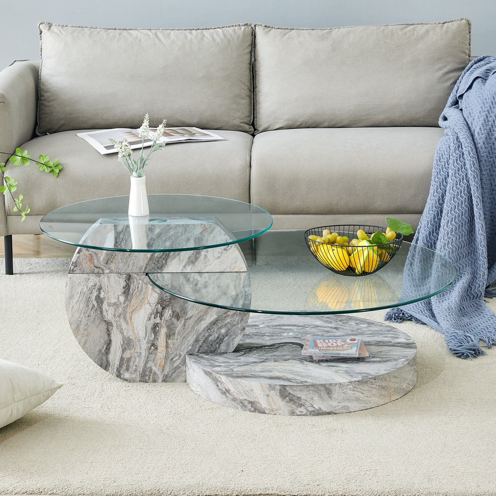Vanress 42" Glass Coffee Table, Round Coffee Table, Modern Double Layer Round Glass Coffee Table for Living Room, Grey