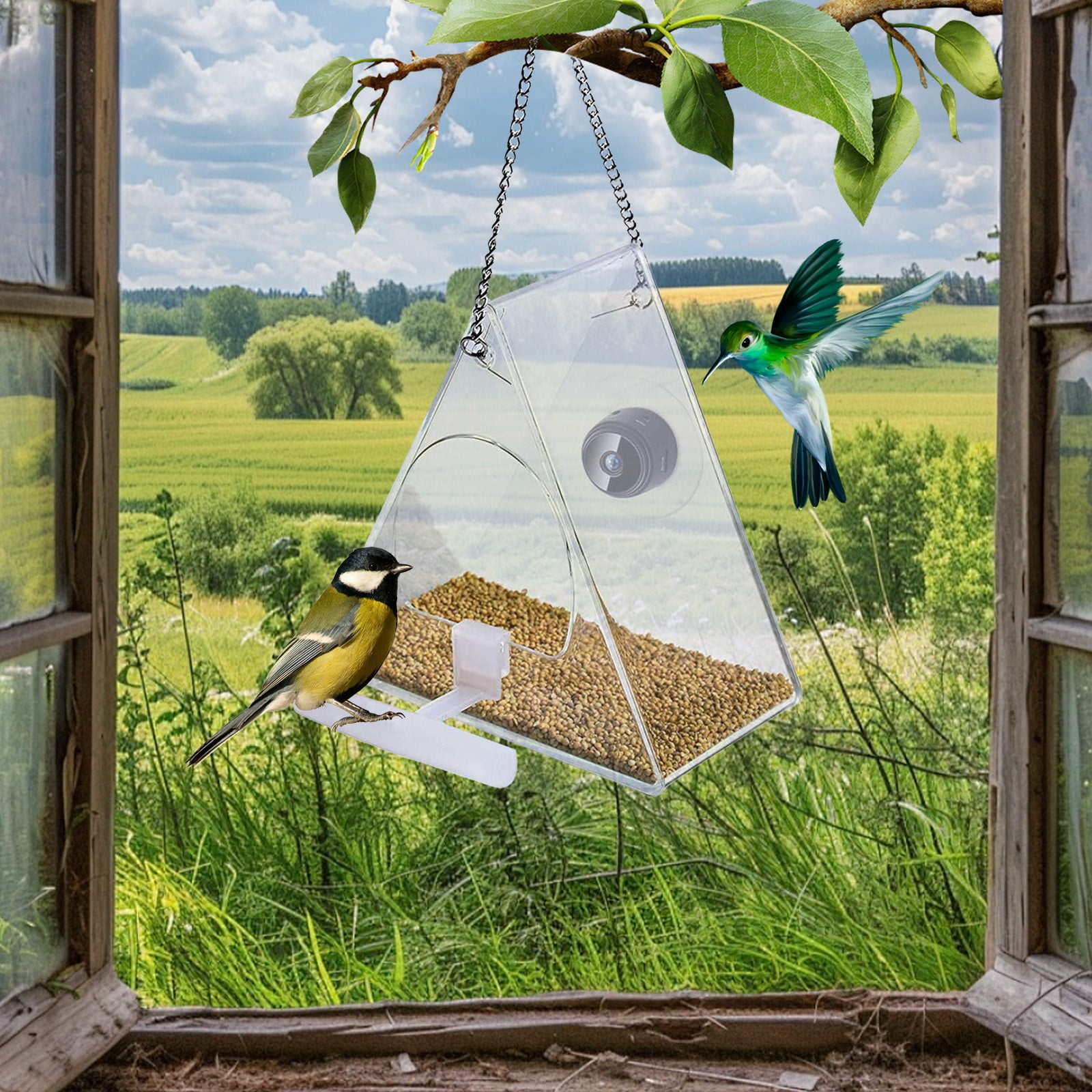 ERTZAE Clear Acrylic Window Bird Feeders,Wild Bird House,Easy Clean Birdhouse,Strong Suction Cups,Bird Feeder with Camera 4.92x5.11x2.95in,720P Night Vision WiFi Bird Watching,Outdoor Hanging Feeder