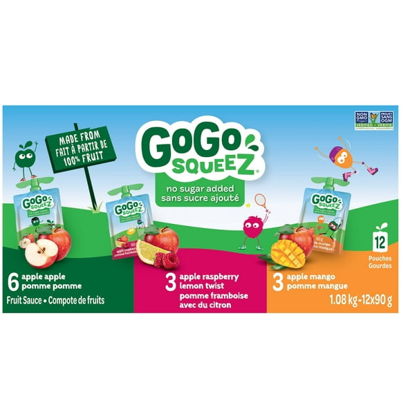 GoGo squeeZ Fruit Sauce Variety Pack, Apple, Raspberry Lemon Twist, Mango, No Sugar Added. 90g per pouch, Pack of 12, 12 x 90g pouches (1.08kg)
