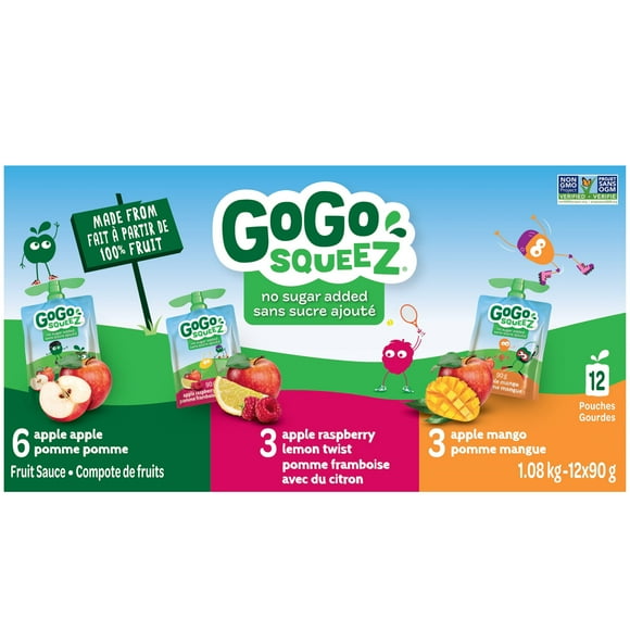 GoGo squeeZ Fruit Sauce Variety Pack, Apple, Raspberry Lemon Twist, Mango, No Sugar Added. 90g per pouch, Pack of 12, 12 x 90g pouches (1.08kg)