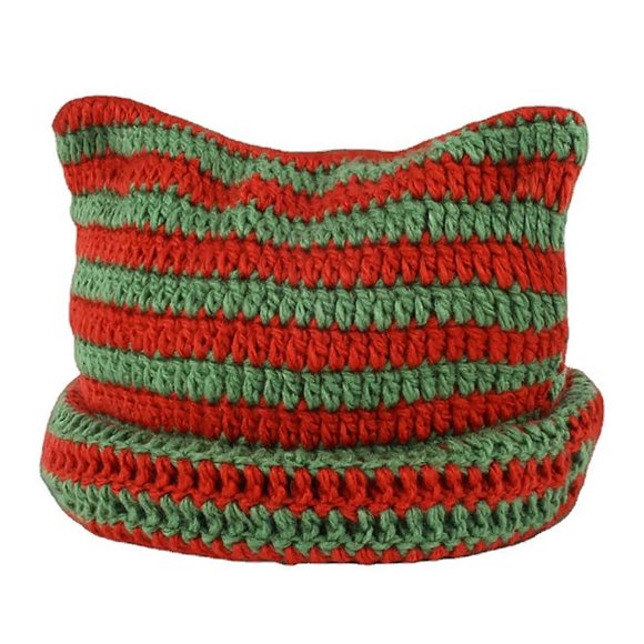 Cat Beanie Crochet Hats with Ears Knitted Striped Winter Warm Elastic Cap, Red and Green