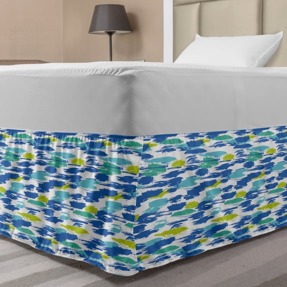Abstract Bed Skirt, Random Paintbrush Strokes Modern Repetitive Bold Hits in Cold Tones, Elastic Bedskirt Dust Ruffle Wrap Around for Bedding Decor, 4 Sizes, White and Multicolor, by Ambesonne