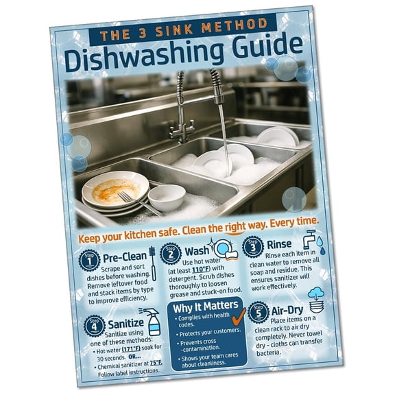 3 Compartment Sink Method Poster Commercial Kitchen Dishwashing Sign with Restaurant Sink Washing Guide, Food Safety Sanitation Instructions Posters
