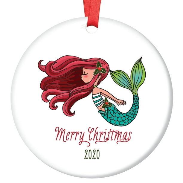 Mermaid Ornament 2020, Girl Merry Christmas Porcelain Ornament, 3&quot; Flat Circle Christmas ...